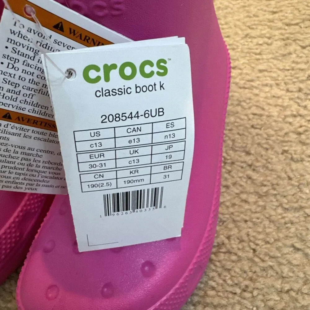 NWT Crocs Classic Rain Boots Pink Girls Sz C13